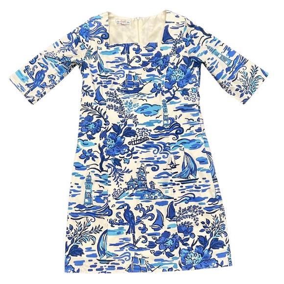 Nautical Print Shift Dress – Blue & White Coastal Scene, Size Small, 3/4 Sleeve - Picture 1 of 5